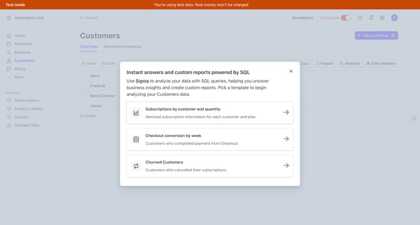 Customers – nicelydone.club – Stripe [Test] screen