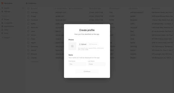 Create Profile screen