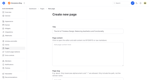 Dashboard - Create Page from Hashnode