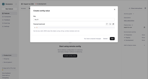 Feature › Export to CSV › Remote config screen