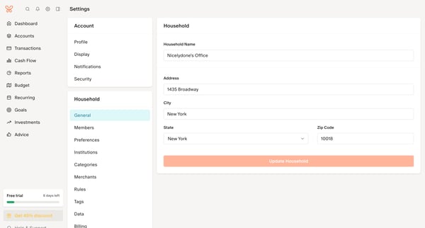 Household Settings screen