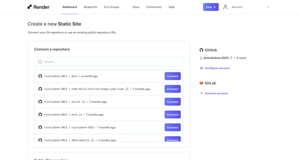 New Static Site ・ Render Dashboard screen