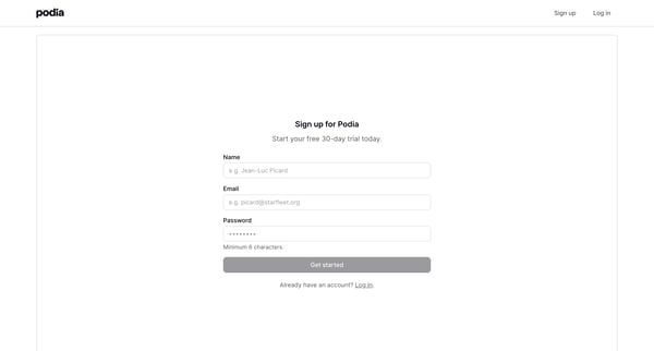 Podia Signup screen