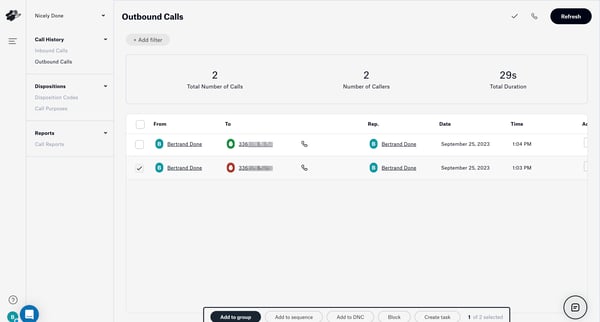 Outbound Calls screen