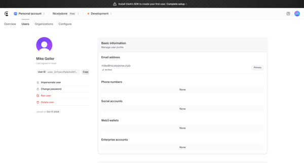 Dashboard | Clerk.com screen
