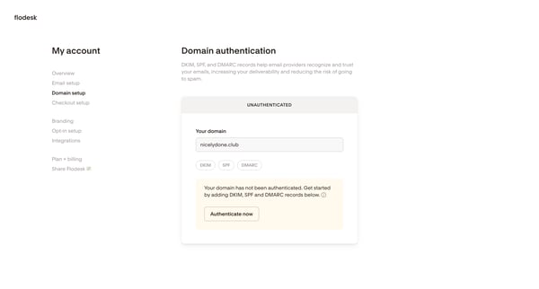 Domain authentication | Flodesk screen