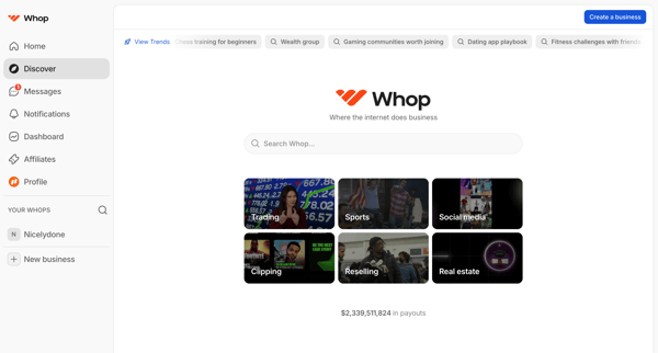 Discover | Whop screen