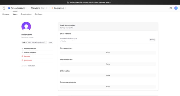 Dashboard | Clerk.com screen