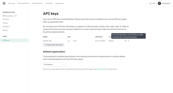 API keys - OpenAI API screen