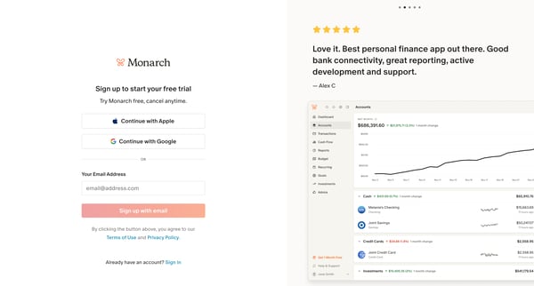 Monarch | Start an account screen