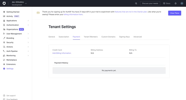 Tenant Settings screen