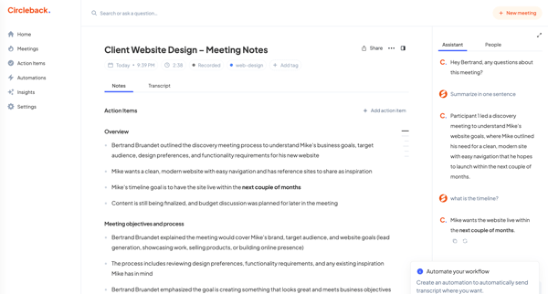 Client Website Design – Meeting Notes - Circleback screen