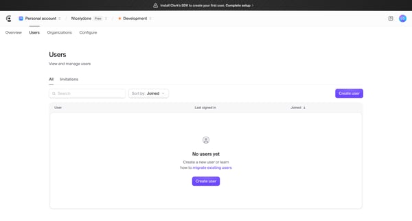 Dashboard | Clerk.com screen
