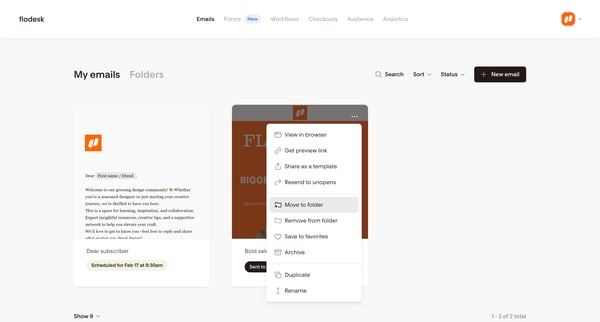 My emails | Flodesk screen