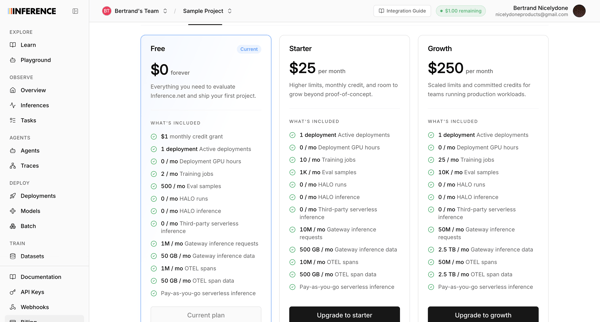 Dashboard | inference.net screen