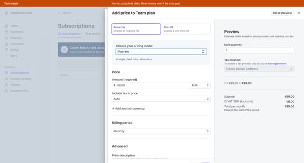Subscriptions – nicelydone.club – Stripe [Test] screen