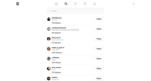 Search • Threads screen