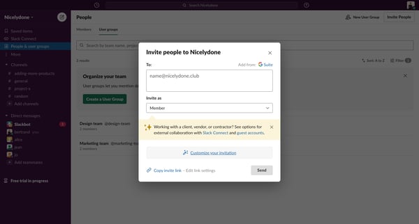 Slack | User groups  Nicelydone  1 new item screen