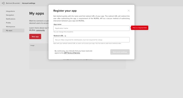 Account settings • MURAL screen