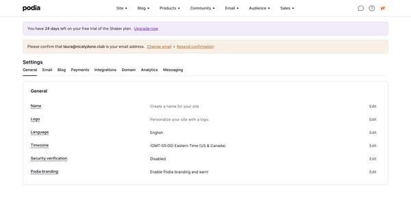 Podia General settings screen