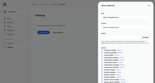 Webhooks | Nicelydone Polar screen