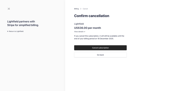 Cancel subscription | Lightfield Billing screen