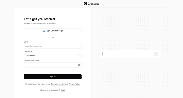 Sign Up - Chatbase screen