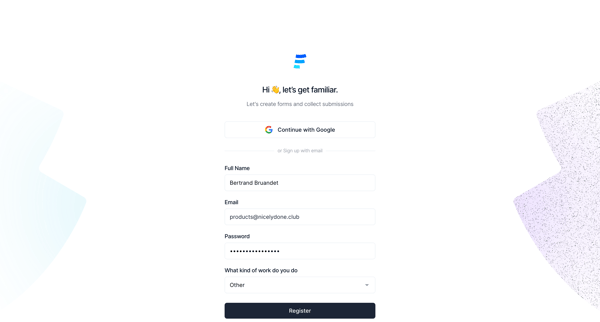 Register - Formcarry screen