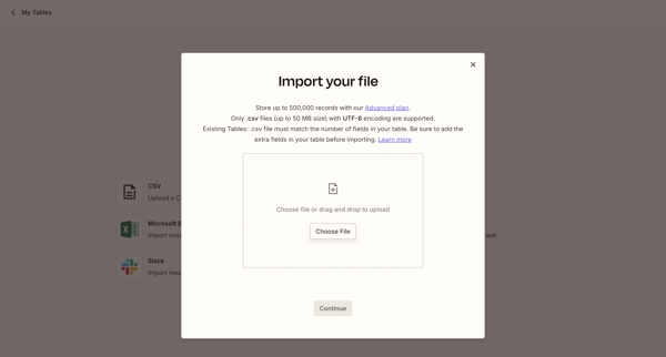 Import Data - Zapier Tables screen