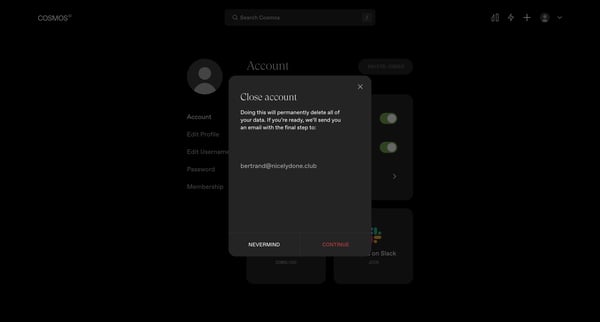 Settings | Cosmos screen