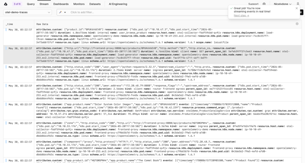 otel-demo-traces - Stream - Axiom screen