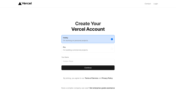 Sign Up – Vercel screen