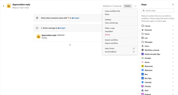 Appreciation reply | Workflow Builder Nicelydoneclub - Slack screen