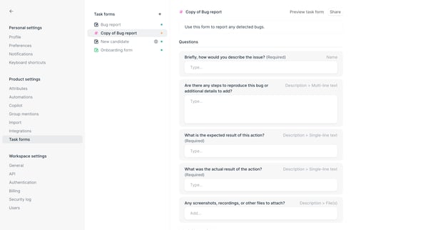 Task forms - Settings - Height screen