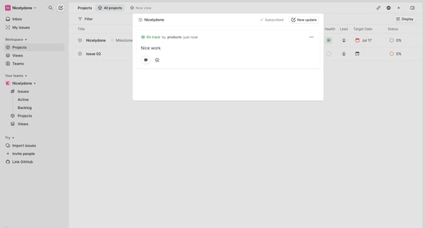 Projects screen