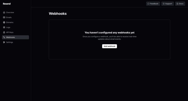 Webhooks · Resend screen