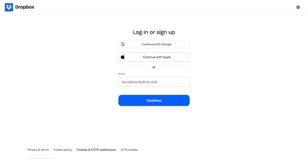 Login - Dropbox screen