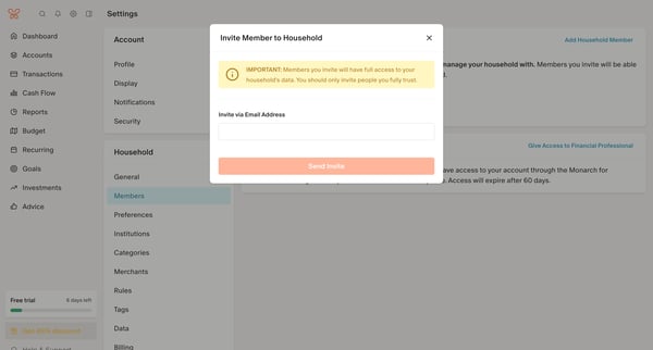 Member Settings screen