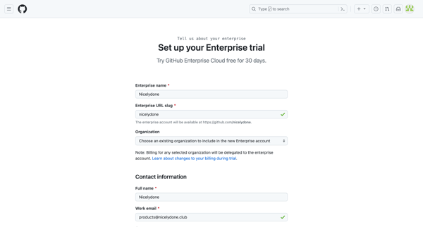 Set up your GitHub Enterprise Cloud trial screen
