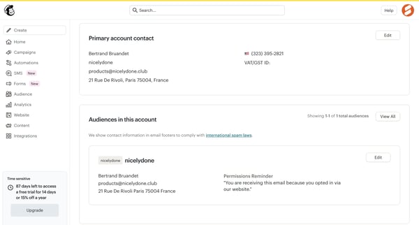 Contact Information | Mailchimp screen