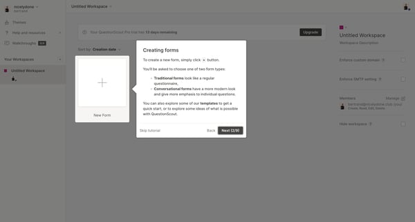 Workspaces - QuestionScout screen