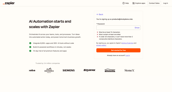 Sign up | Zapier screen