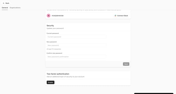 Account settings screen