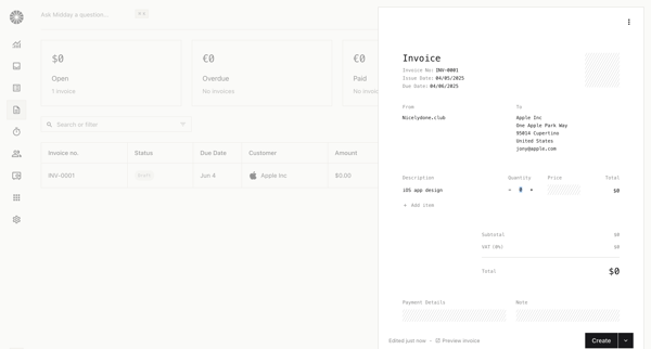 Invoices | Midday screen