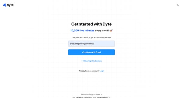 Register Your Dyte Account screen