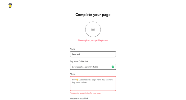 Signup - Buy Me a Coffee screen