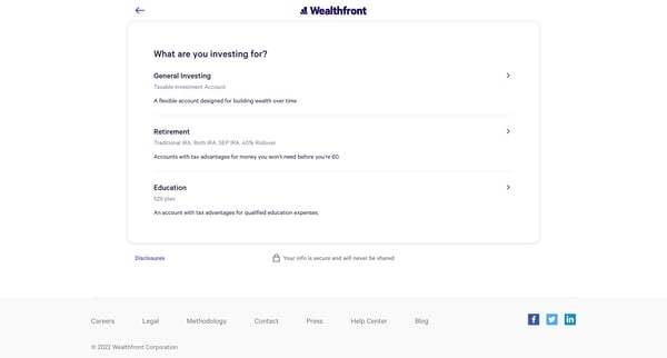 What is your main investment goal - Open Account - Wealthfront screen