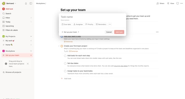 Set up your team – Todoist screen