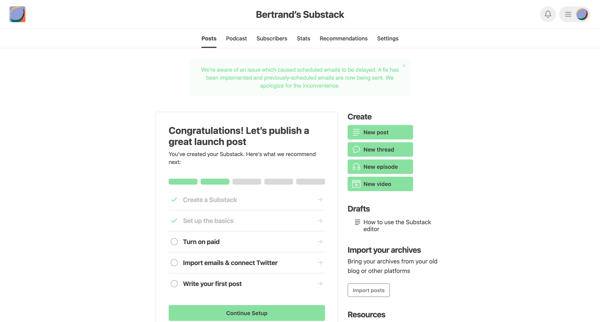 Substack Dashboard - Bertrand’s Substack screen