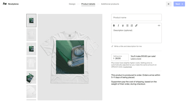 Product details – Create a new product – Fourthwall screen